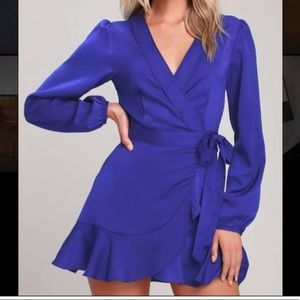 Lulu’s Lilya Blue Wrap Satin Mini Dress